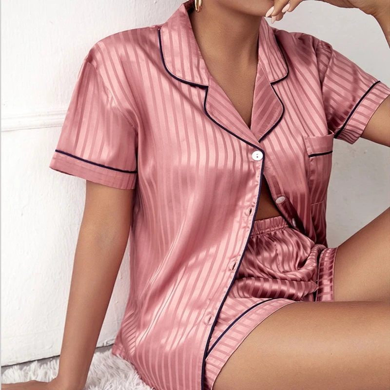Pajama Set Women's Striped Silky Satin Pajamas Short Sleeve Top