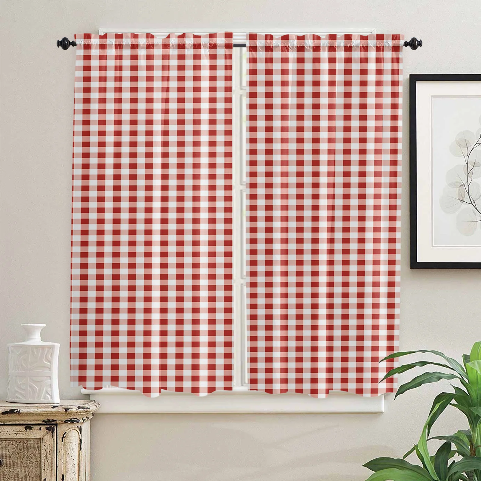 White Red Plaid Simple Curtains for Living Room Bedroom Curtains Kitchen Curtains for the Kids Room Window Treatments Drapes 3