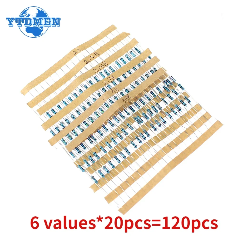 120pcs 1/4W 1% Metal Film Resistance Car Airbag Repair Resistor 2ohm 2.2ohm 2.4ohm 2.7ohm 3ohm 3.3ohm 6 Types Resistor Kit 0.25W