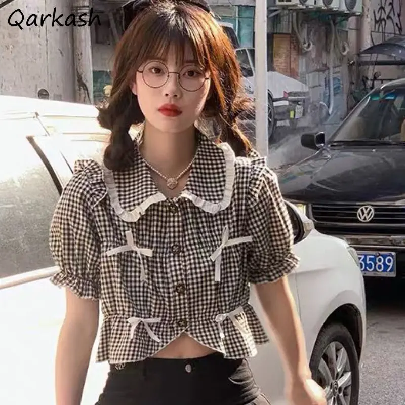 

Plaid Shirts Women Kawaii Girlish Summer Preppy Style Peter Pan Collar Korean Version New Prevalent Age-reducing Casual Graceful