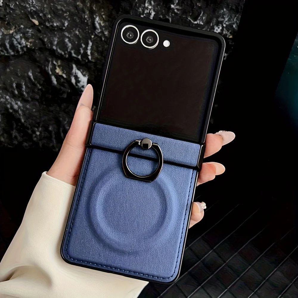 Elegant Artificial Leather Phone Case with Magnetic Ring Holder and Stand - Shockproof Solid Color Back Cover