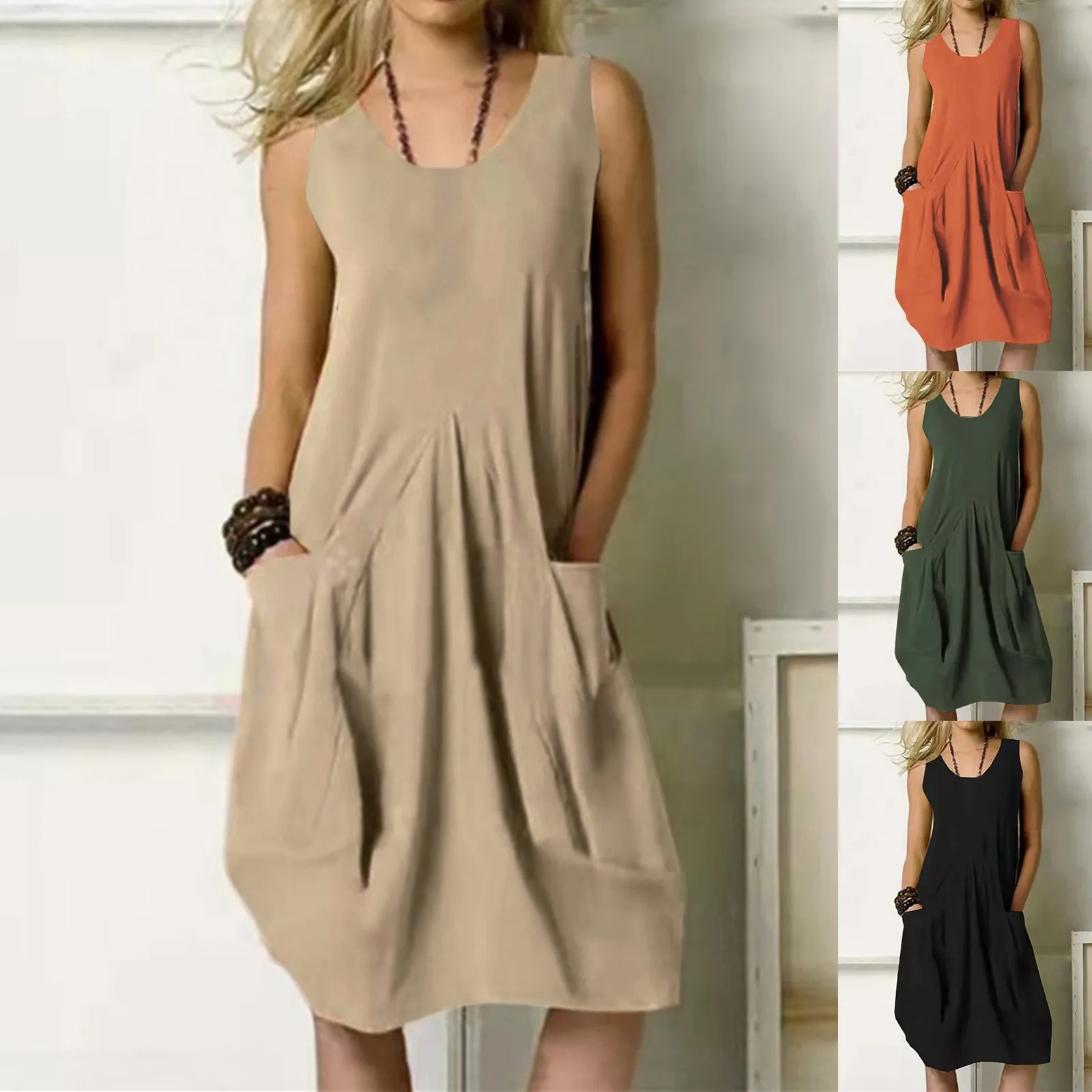 

Women Cotton Daily Casual Sleeveless Vintage Bohemian V Maxi Dresses for Women Summer Dresses with Sleeve