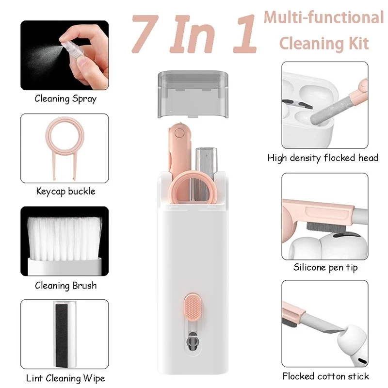 Gtinna 7 in 1 Computer Keyboard Cleaning Brush Set Earbuds Cleaning Pen  Wireless Bluetooth Headset Charging Box Electronics Keyboard Cleaning Tools  Cleaner Keycap Puller Kit (Pink)