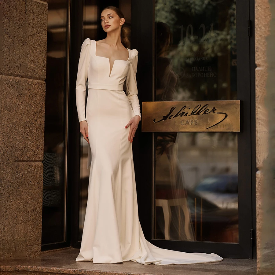 

Temperament Long Sleeve Square Neck Bride Gown Trumpet Dress Sexy Backless Wedding Dresses Court Train Свадебное платье