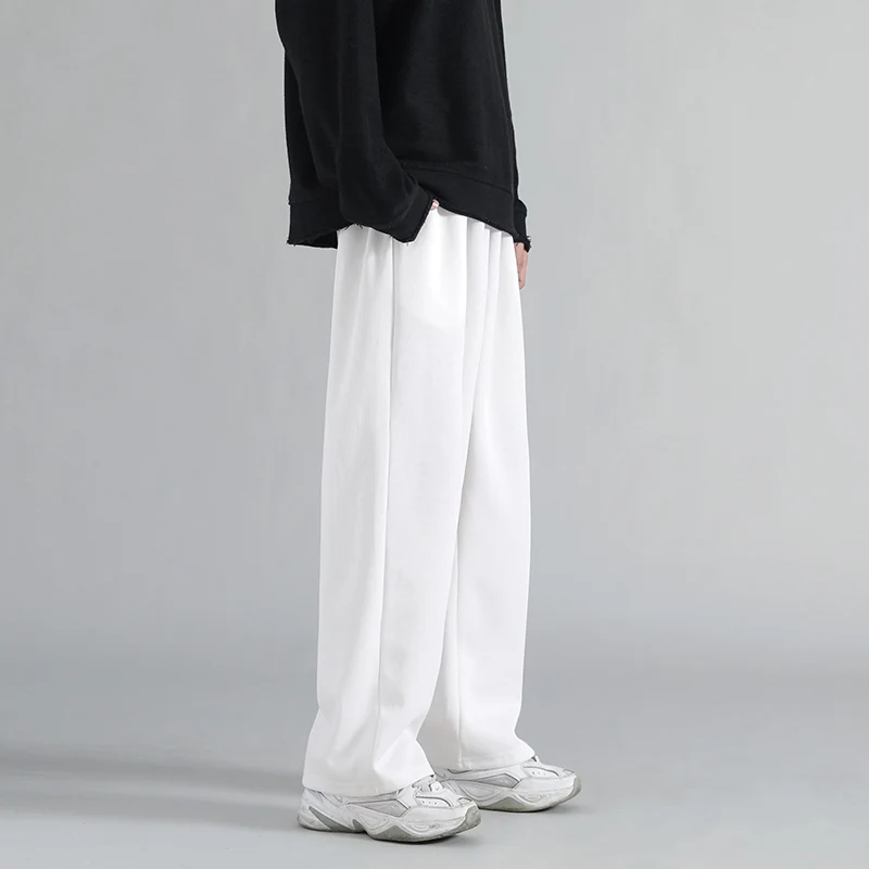 Spring Autumn Men's Solid High Waist Pockets Elastic Loose Casual Wide Leg Trousers Fashion Preppy Style Office Lady Pants