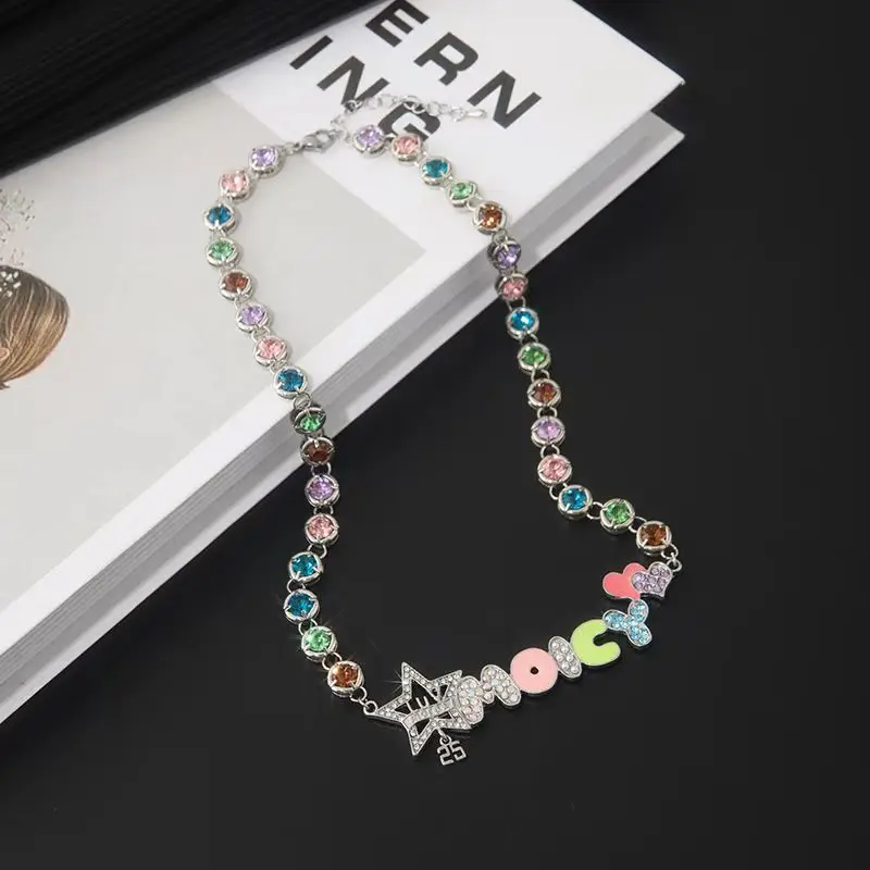 

Y2K Colored Gemstone Five-pointed Star Letter Necklace Retro Punk Pendant Necklace for Female Light Luxury Jewellery Wholesale