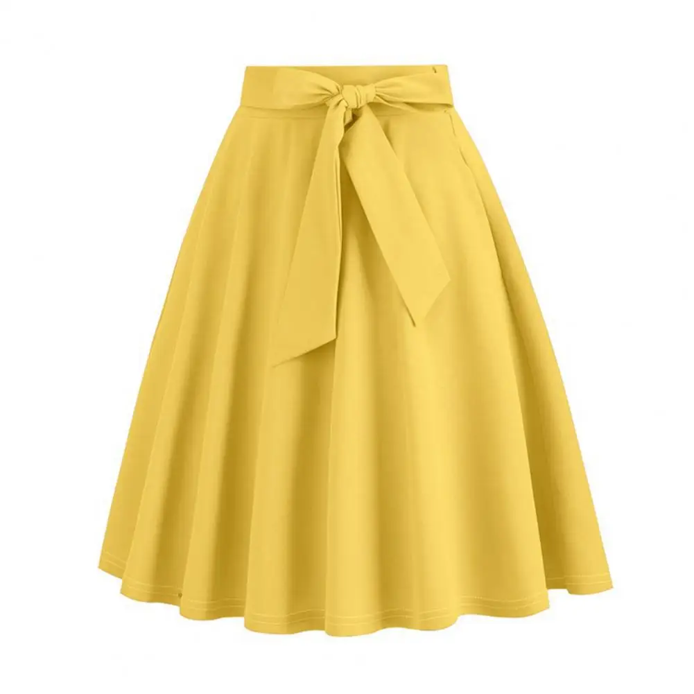 High Waist Ruffle Women Skirt Belted Tight Waist Bow Decor A-line Big ...