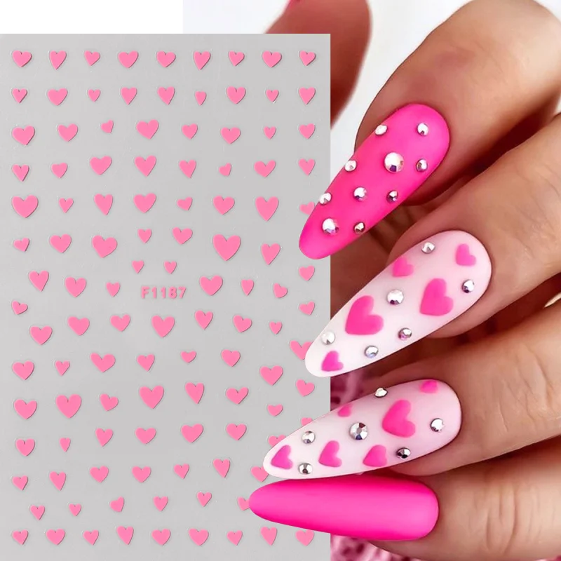 반짝이는 발렌타인 네일 스티커 혼합 레드 핑크 러브 하트 접착 데칼 귀여운 미니 하트 슬라이더 매니큐어 장식 액세서리