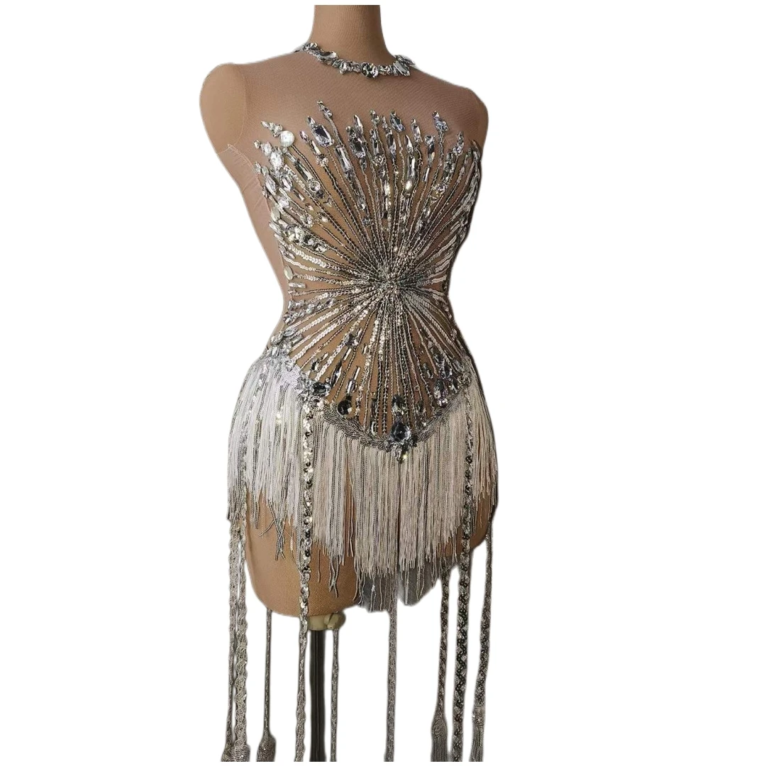 Sparkly Rhinestones Sequins Fringe Dress Women Sexy Mesh Fringe Birthday Celebrate Party Queen Show Stage Wear