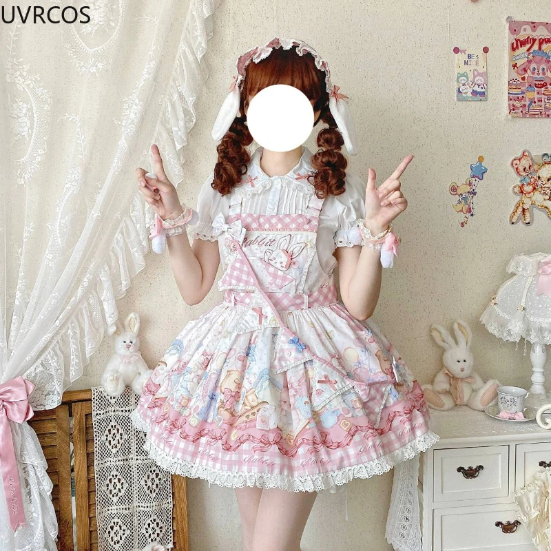 Japanese Kawaii Lolita Style Jsk Dress Women Sweet Bunny Print Party Mini Princess Dresses Harajuku Y2k Sleeveless Strap Dresses