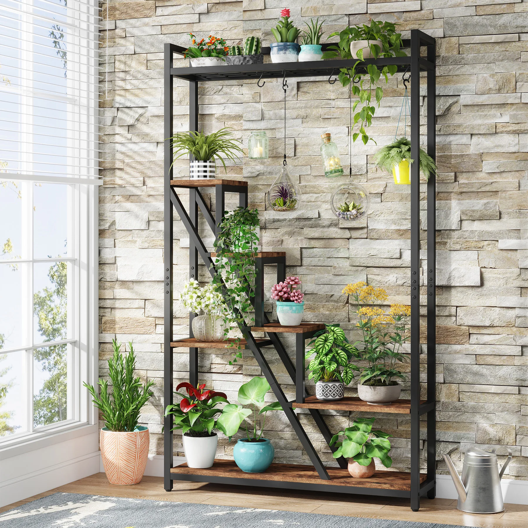 Tribesigns 70.9" Tall Indoor Plant Stand 7-Tier Large Plant Shelf 5 S-Hooks Industrial Wood Flower Stand Display Rack