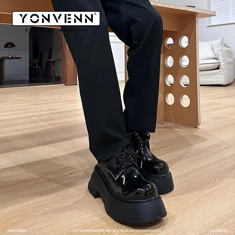 YONWENN original thick soled height 7CM big toe leather shoes for men glossy patent leather high-end black versatile dress shoes