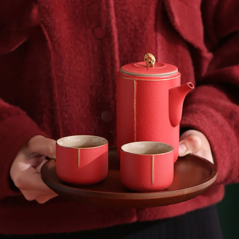 Traditional Chinese Tea Set, Porcelain Teapot, Stainless Steel, Tea Strainer, Cup, Bride and Groom Gifts, Traditional Red, Wed