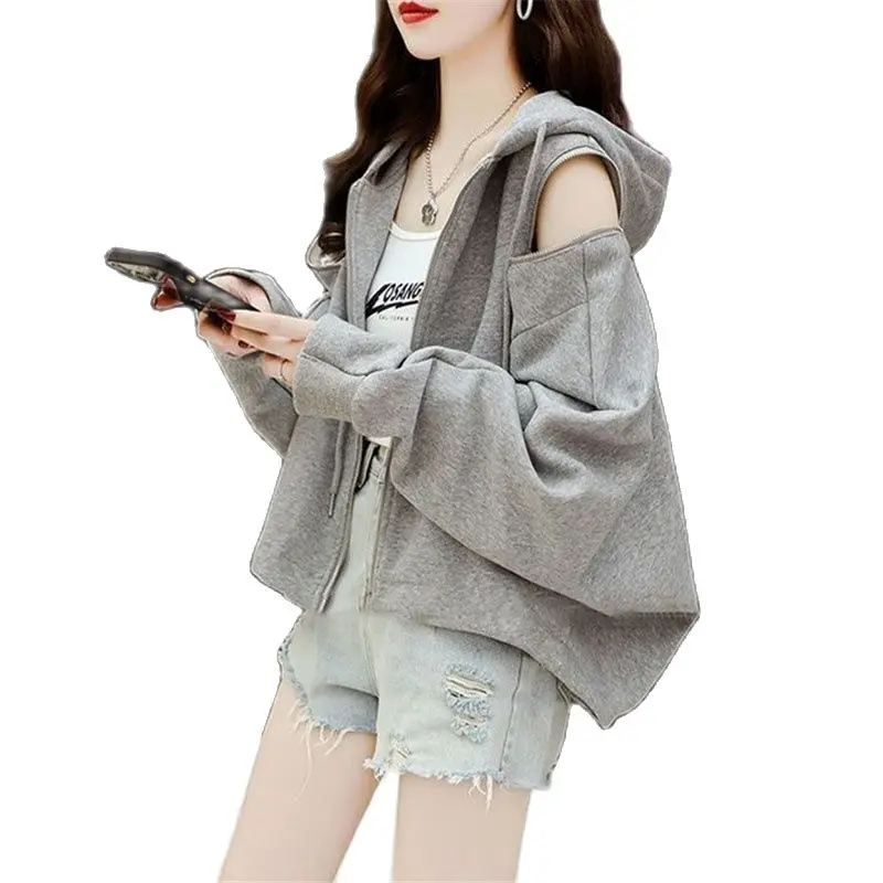 

Ladies Jacket Fashion Design Dew Shoulder Zipper Hoodie Sportswear 2023 New Summer Autumn Korean Cardigan Coat Female Outerwear