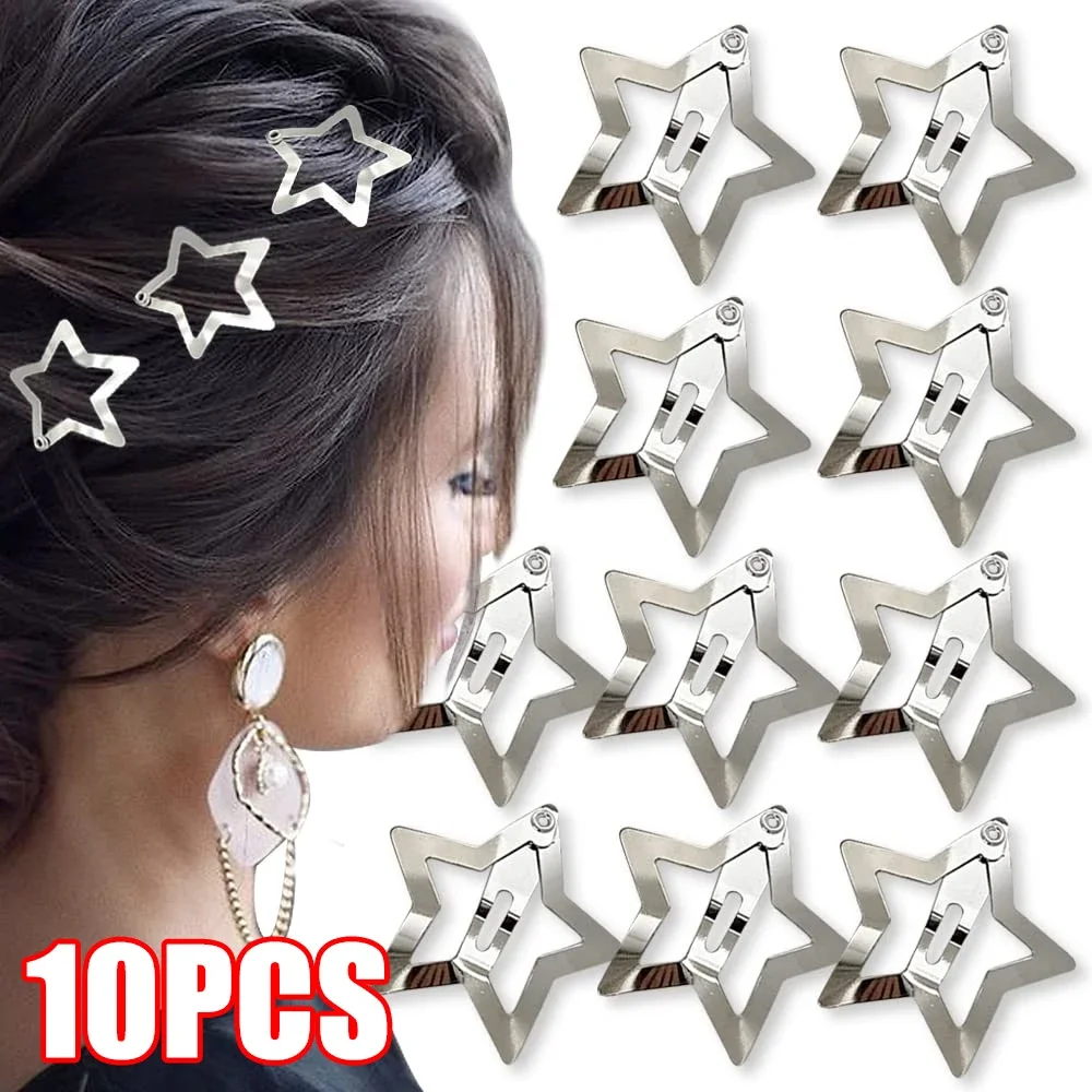 2-10pcs/set Y2K Sliver Star Hair Clips for Girls Women Cute Metal Hollow Out Pentagram BB Barrettes Hair Accessories Headwear