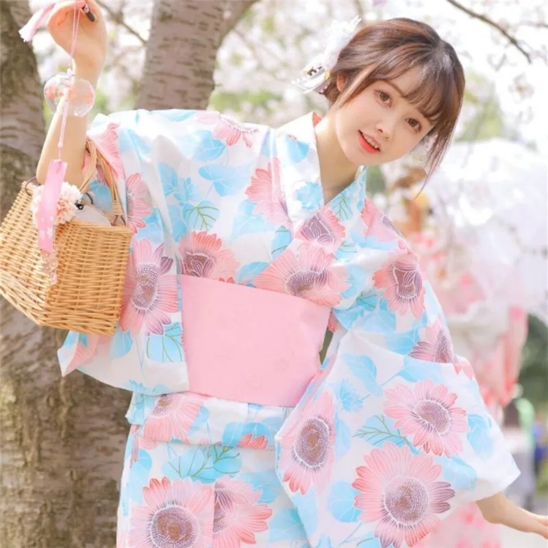 

Japanese Traditional Kimono With Obi Women Floral Print Haori Long Robes Oriental Yukata Stage Show Cosplay Costumes