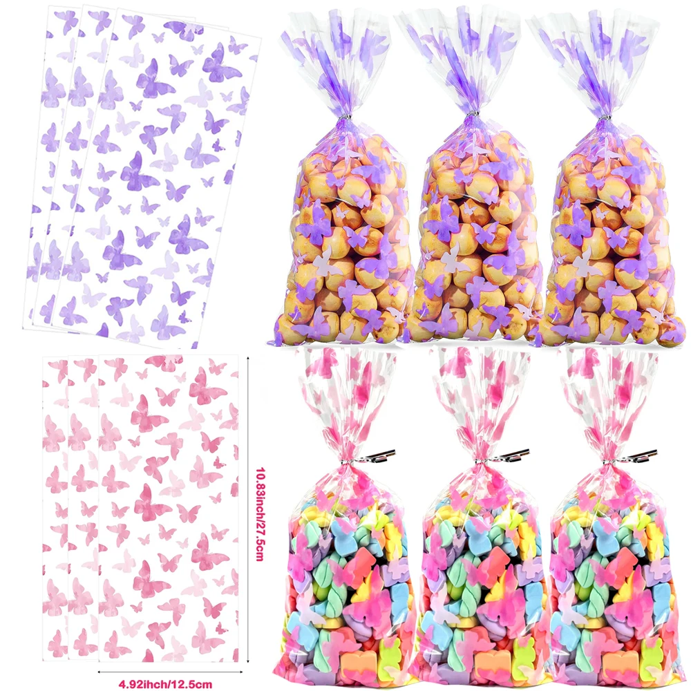 

100pcs Butterfly Plastic Gift Bag Cellophane Candy Bag Butterfly Party Treat Bags Decor Girl Birthday Party Supplies Wholesale