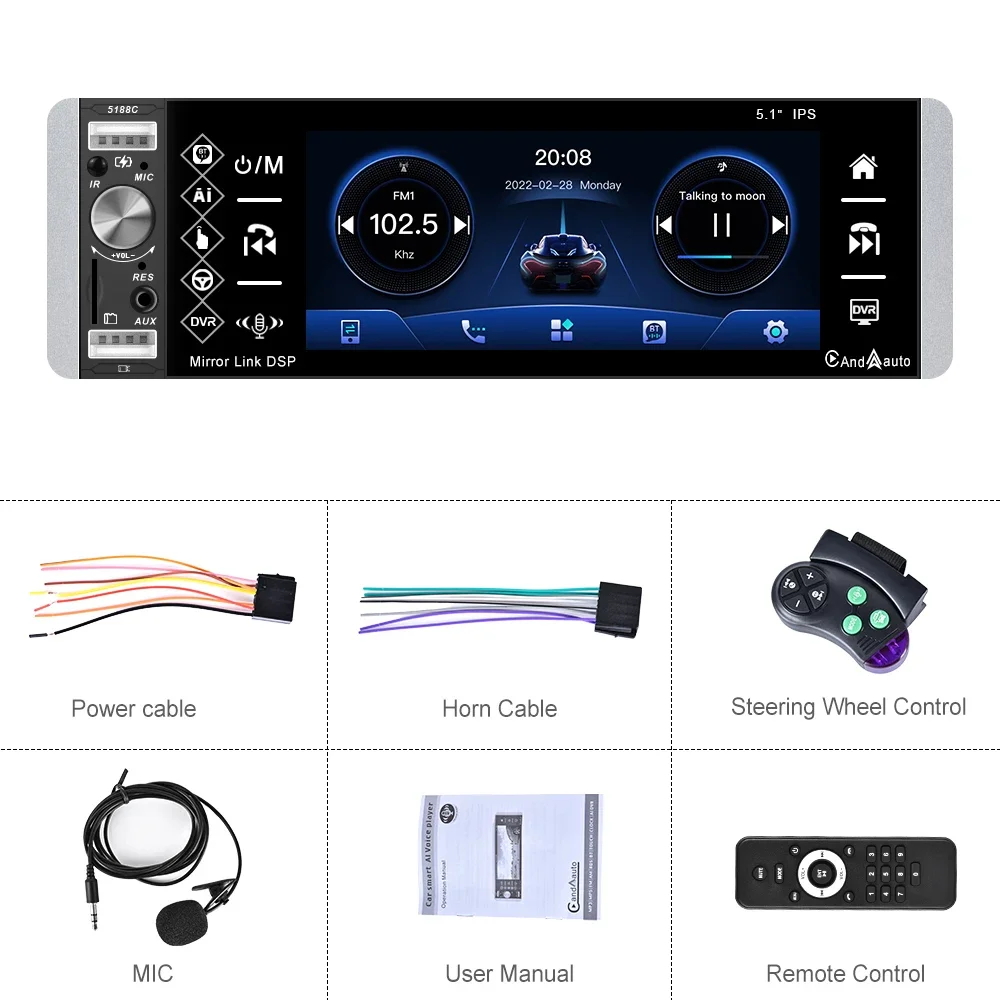 1 Din CarPlay MP5 Player 5.1'' Car Radio Android Auto Stereo Receiver AI Voice MP3 Car Multimedia Player Bluetooth FM RDS