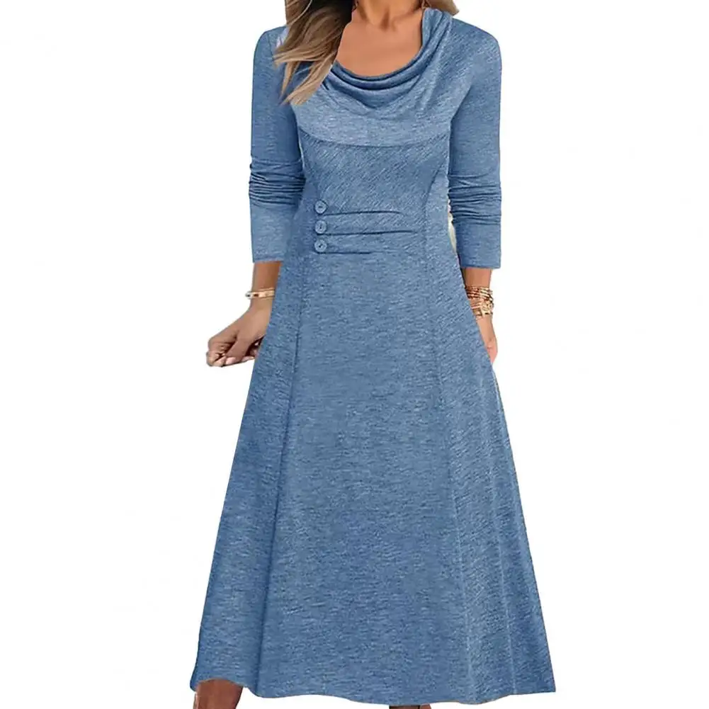

Autumn Women Dress Elegant Long Sleeves Pockets Round Neck Tight Waist Loose Hem Solid Color Ladies Casual Party Dress vestidos