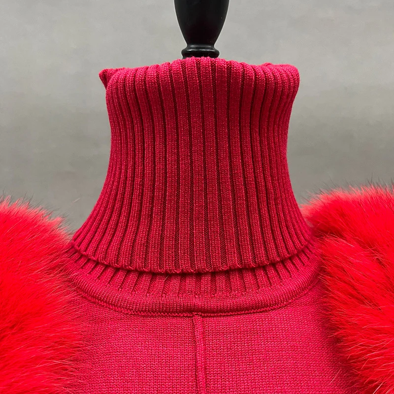 Women's Winter Knitted Sweater Pants Set Lady Fashion Sweater Fox Fur Shoulder Stand Collar Pullover 6