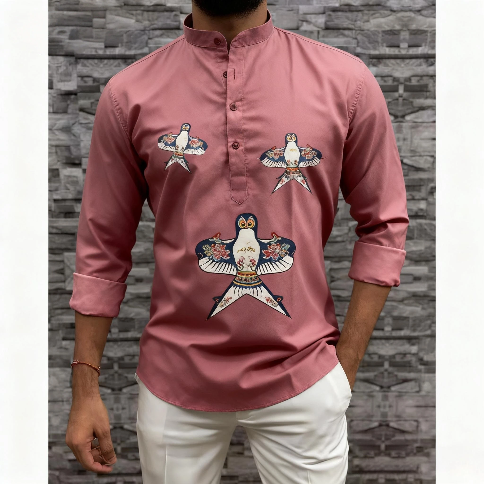 Muslimische Männer Islamischen Arabischen Patchwork Gestreiften Stickerei Eid Muslimischen Hemd Jubba Casual Lose Abayas Ropa Camisas De Hombre – Detail 3