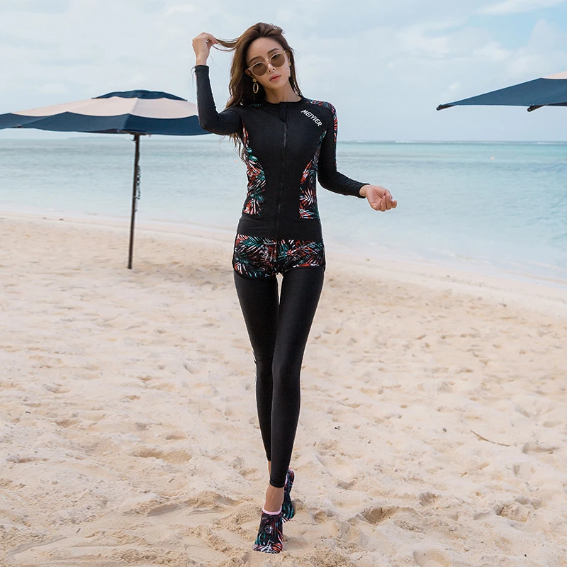 New Korean Style Men&lsquo;s Rush Guard Long Sleeve Swimsuit UPF 50+ Surfing Shirt+Shorts+Leggings Rashguard Set For Male Plus L-3XL