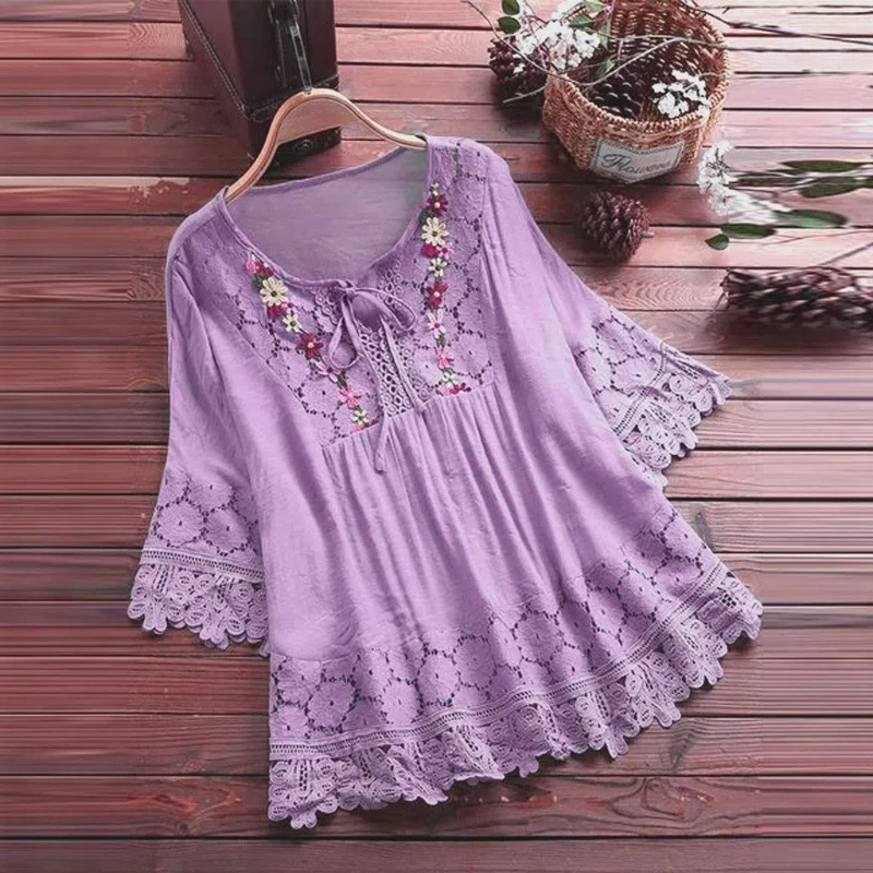New Summer Fashion Splicing Lace Charm Elegant Lace-up Shirt V-neck Loose Women's Solid Color Top 30659a