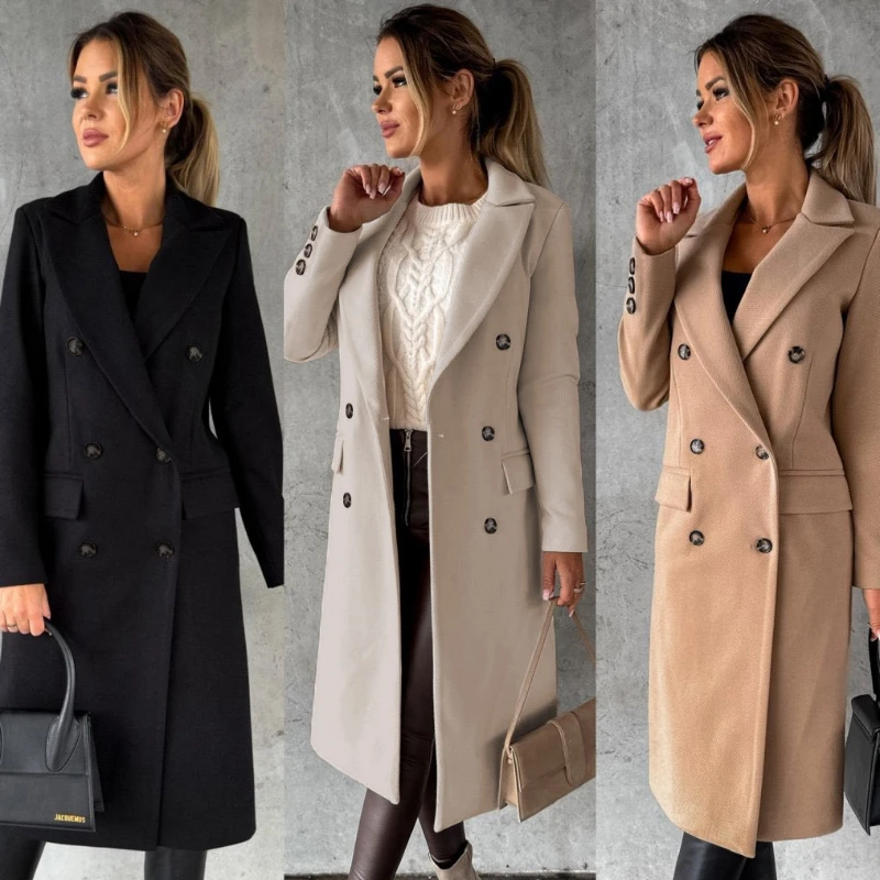 PlainLapelLongSleeveButtonWinterWoolBlendsCoatWomenClassic