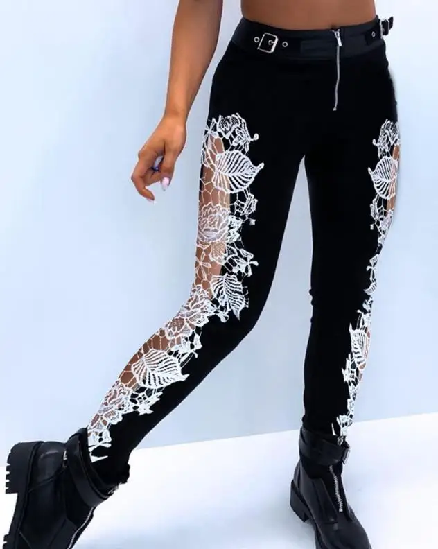 

Women's Pants 2023 Summer Fashion Eyelet Buckled High Waist Zipper Lace Design Plain Skinny Daily Long Pants Y2K Streetwear