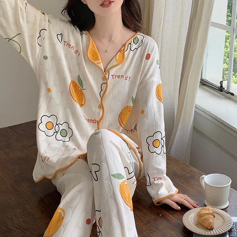 Autumn Winter Women's Cotton Pajamas Long Sleeve Cardigan Pants Loose Fit Oversized Jacquard Home Clothing Set Sweet Sleepwear