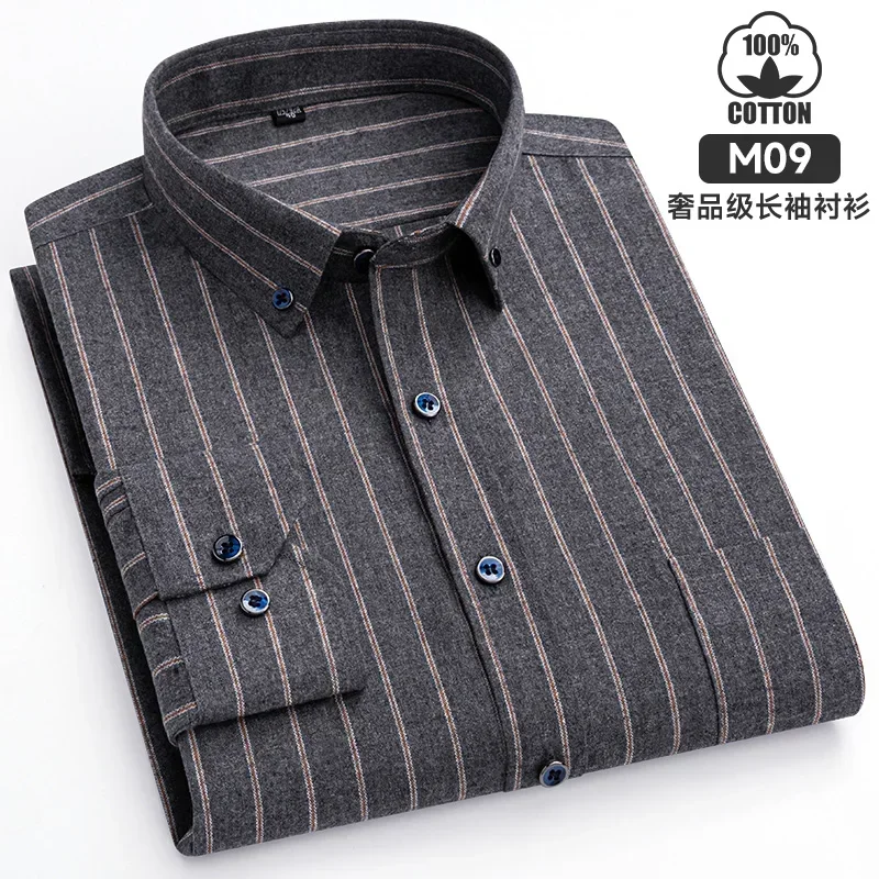 Plus Size 100% Long-sleeve Shirts for Men Casual Slim Fit Formal Plain Shirts Plaid Striped Elegants Designer Clothes - Image 3