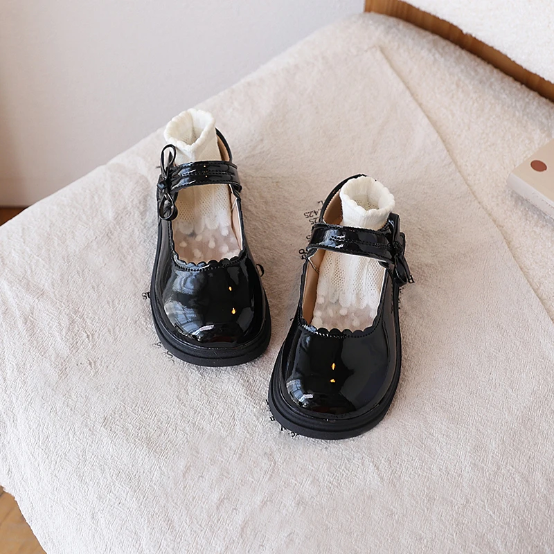 Black Leather Kids Mary Jane Flat Shoes for Girls