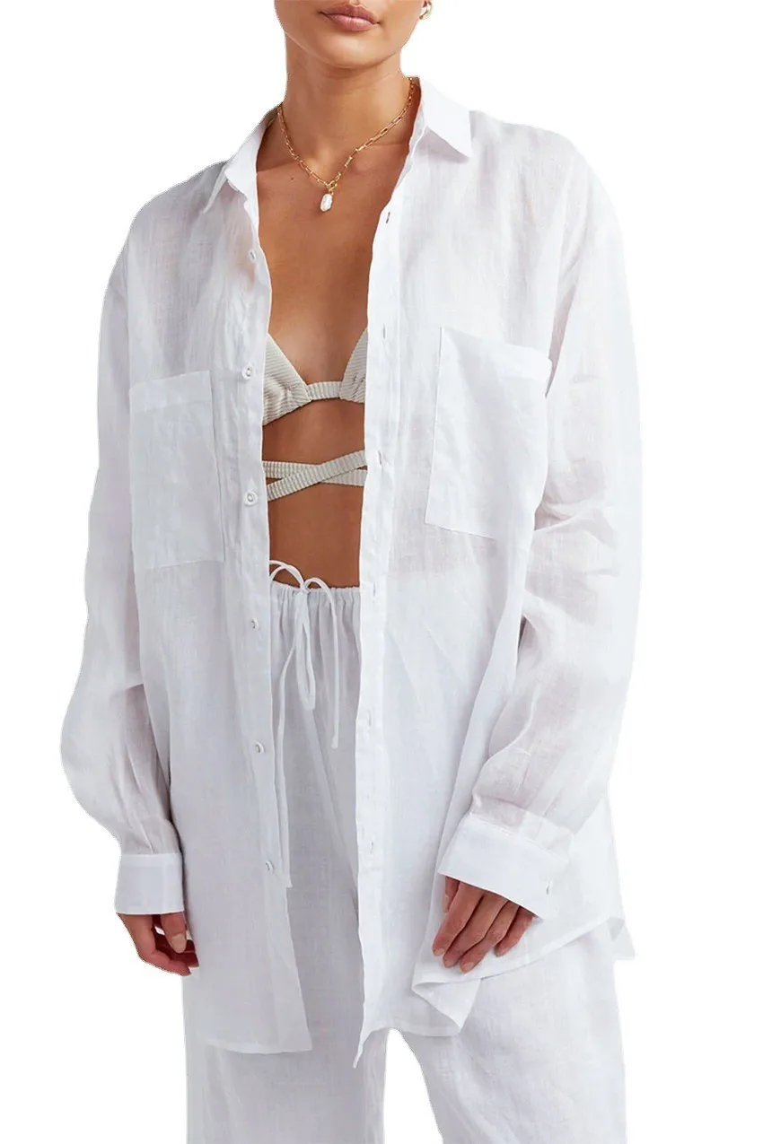 

Summer Khaki Linen Pants Sets Women 2 Pieces Outfits Long Sleeve Loose Blouses Fashion Elastic Waist Wide Leg Pants Suits