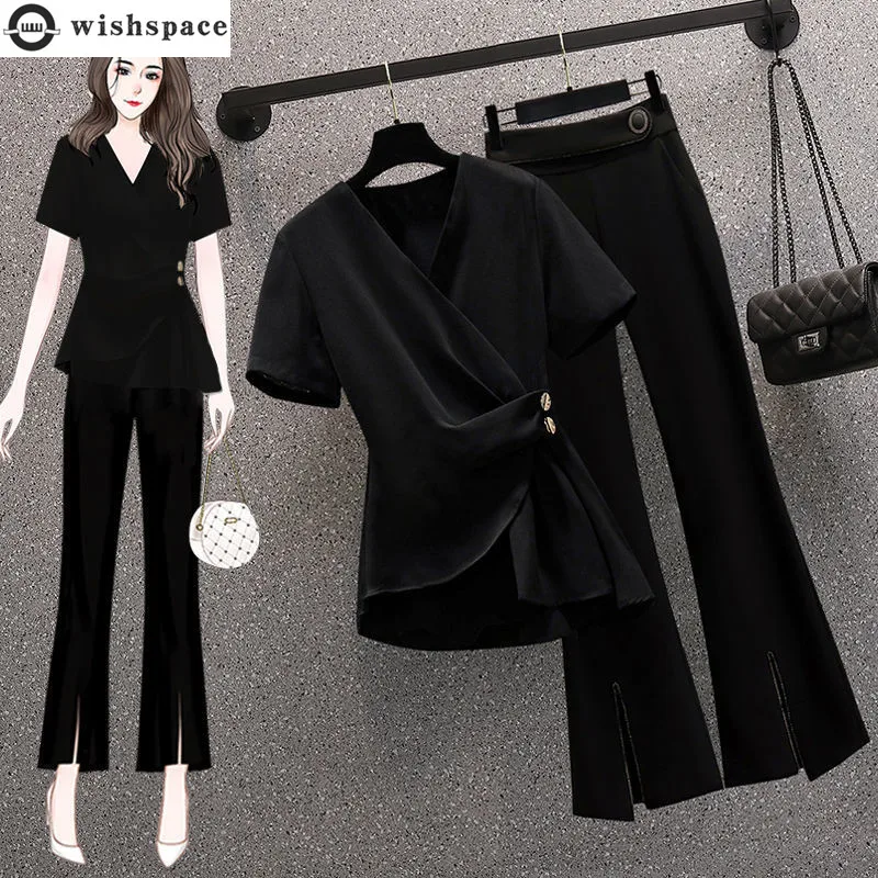 Summer New Korean Fashion Elegant Women's Pants Set Pleated Chiffon Shirt Trousers Two-piece Set Female Tracksuit T Shirt Suit elegant commuter pleated denim pants women vintage slim fit cotton jeans zipper female broken holes pencil trousers streetwear