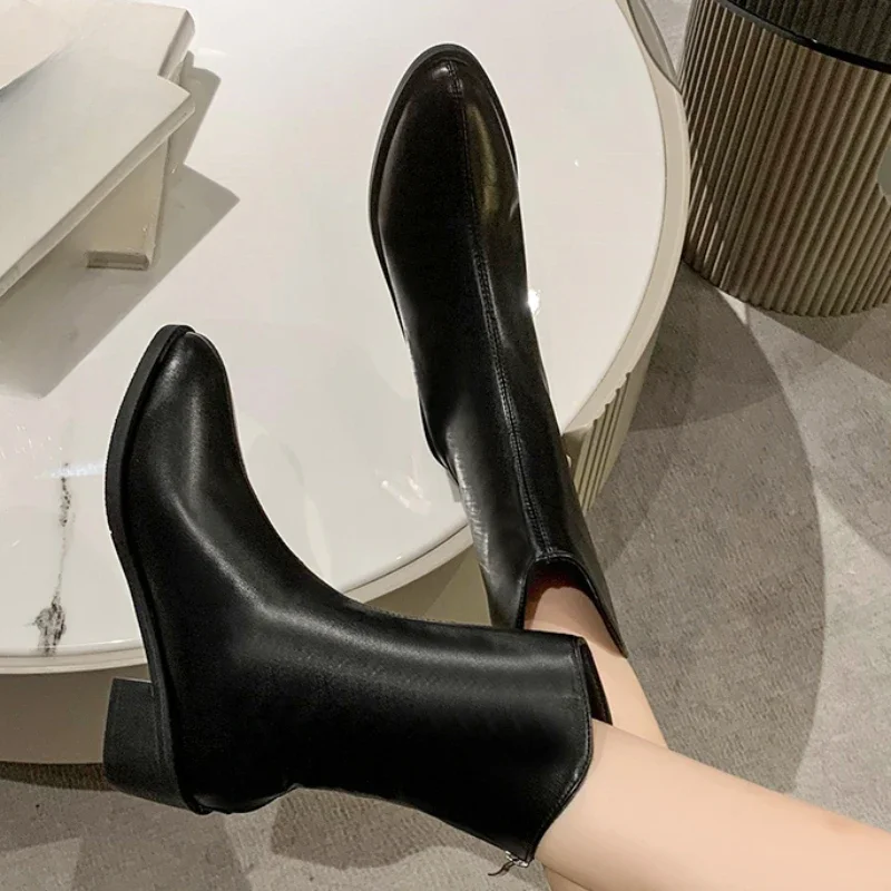 

Shoes for Women 2023 High Quality Winter Mid-Calf Women' Boots Solid Pointed Toe Zipper Mid Heel British Boots Women Zapatos