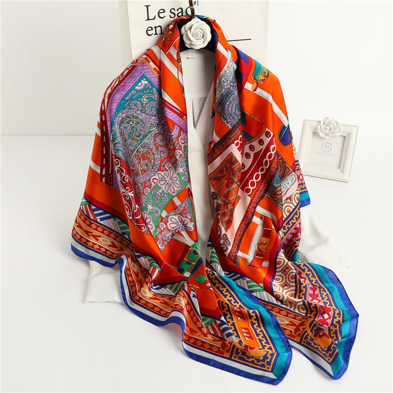 

Fashion Print Hijab Square Scarf Women Headband Silk Bandana Muslim Heascarf Shawl NeckKerchief Female Accessories 135*135cm