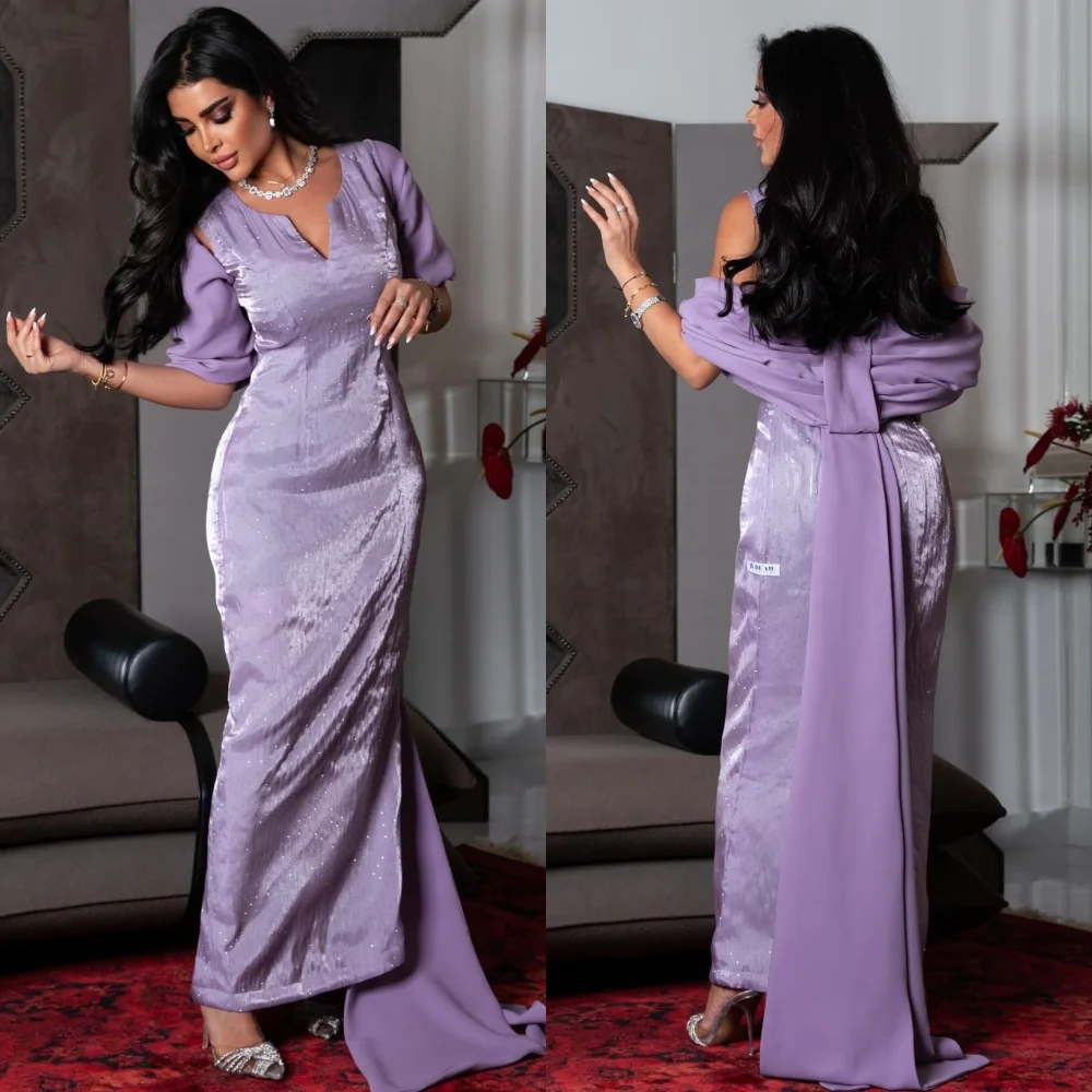 High Quality Sparkle Exquisite Jersey Draped Pleat Ruched Evening A-line V-Neck Bespoke Occasion Gown Midi Dresses