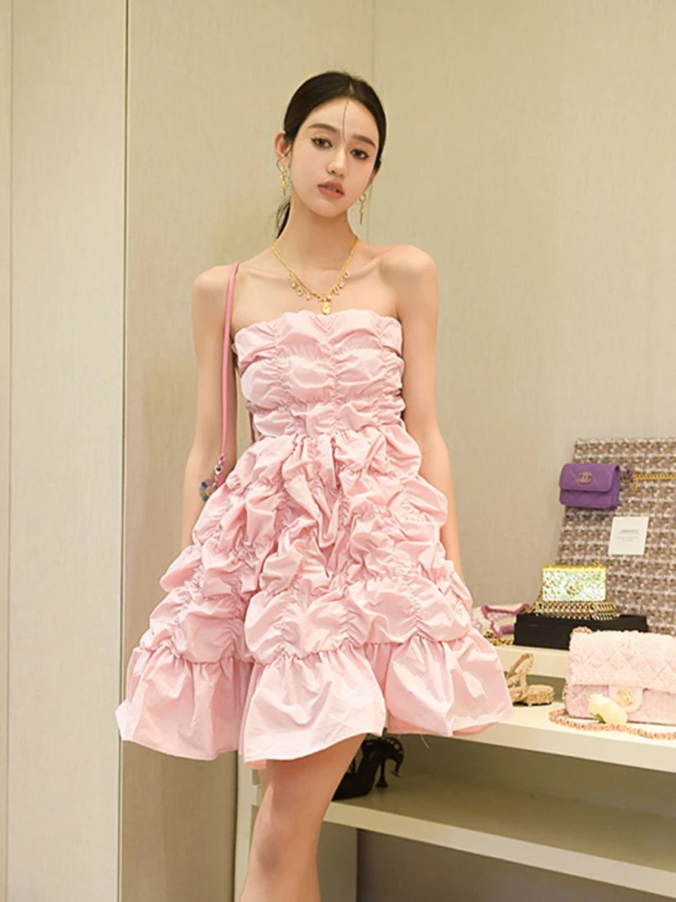 

Милое розовое платье во французском стиле без бретелек, женская летняя новая текстурная облегающая трапециевидная понтонная юбка с оборками, одежда для банкета и вечеринки