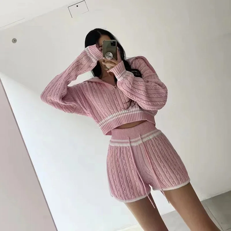 New Fashion Big Collar Zipper Short Long Sleeve Top High Waist Drawstring Drawstring Waist Contrast Edge Shorts Knitted Set