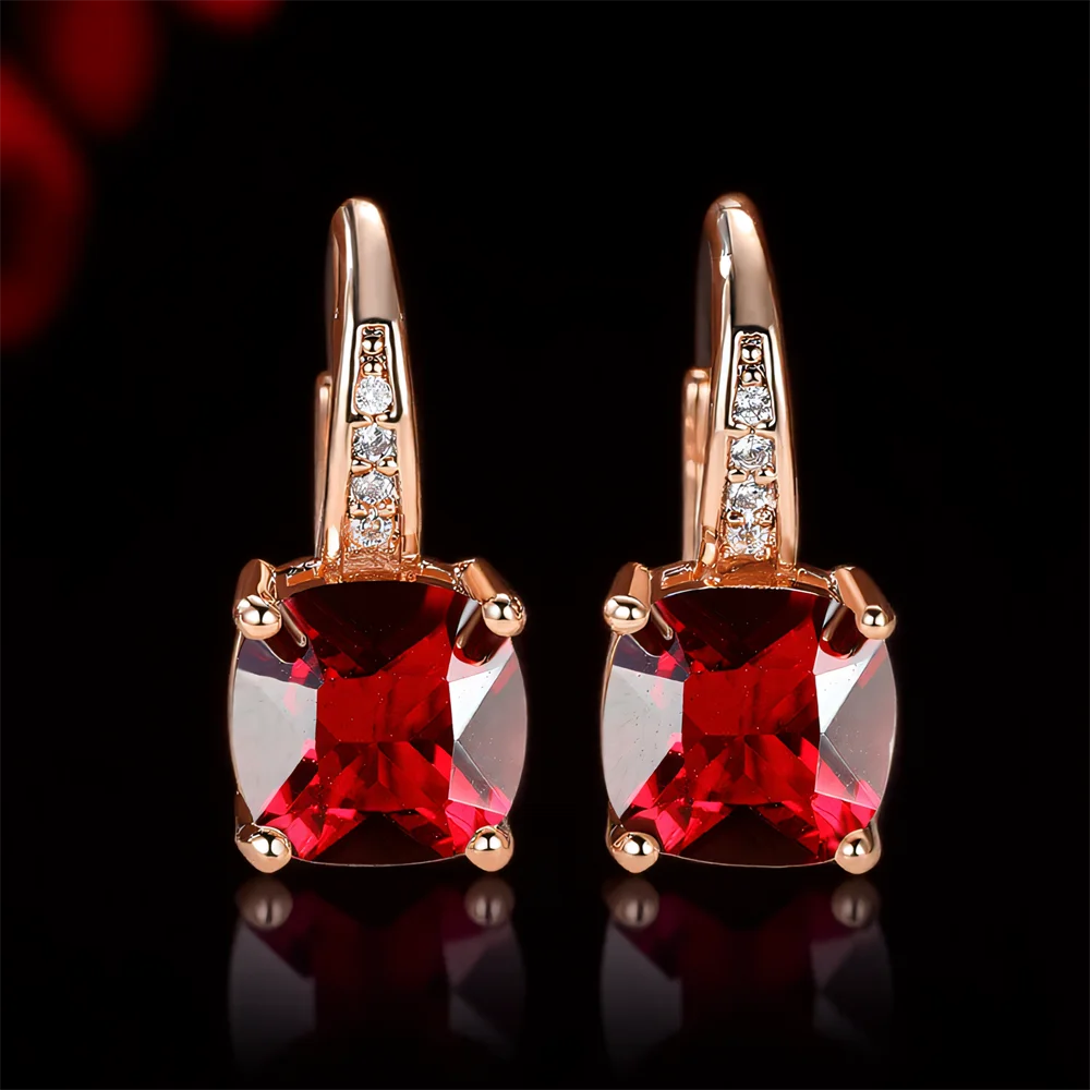 Red Crystal Zircon Square Stone Small Hoop Earrings For Women Vintage Rose Gold Color Ear Buckle Wedding Jewelry Versatile Gifts