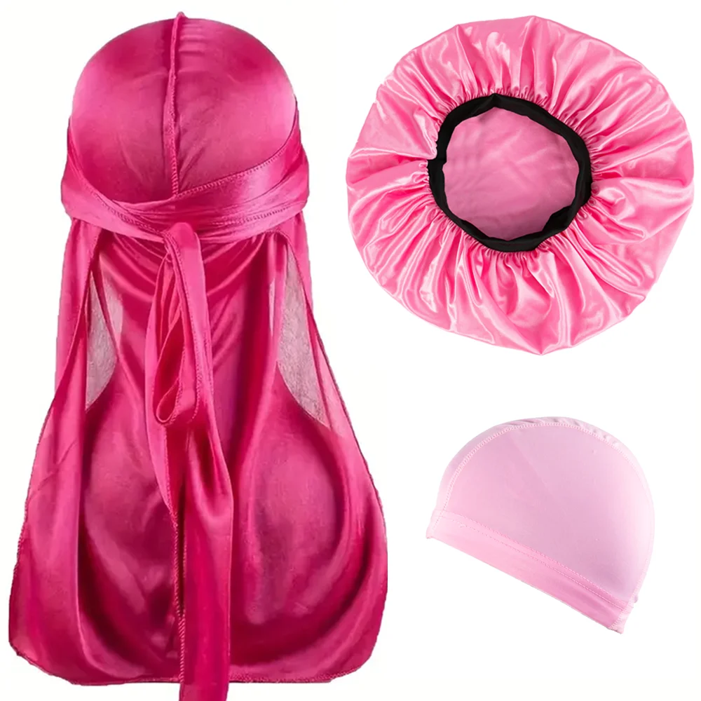 3pcs/set, Durag & Bonnet & Dome Hats, Solid Color Elastic Satin Bonnet Night Cap, Lightweight Pirate Hats 4