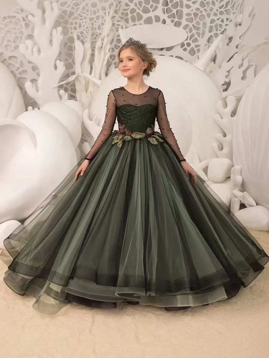 

Green Fluffy Tulle Beaded Decal Flower Girl Dress Wedding Elegant Little Flower Child's First Eucharistic Ball Evening Gown