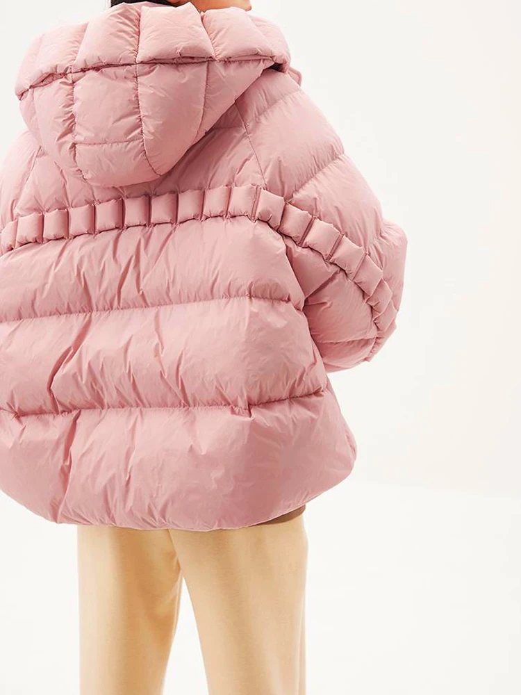 Warm Pink Hooded duck down jacket for women 2023 Autumn winter Long sleeve puffer coat loose Korean style Overcoat INKEO 3O177