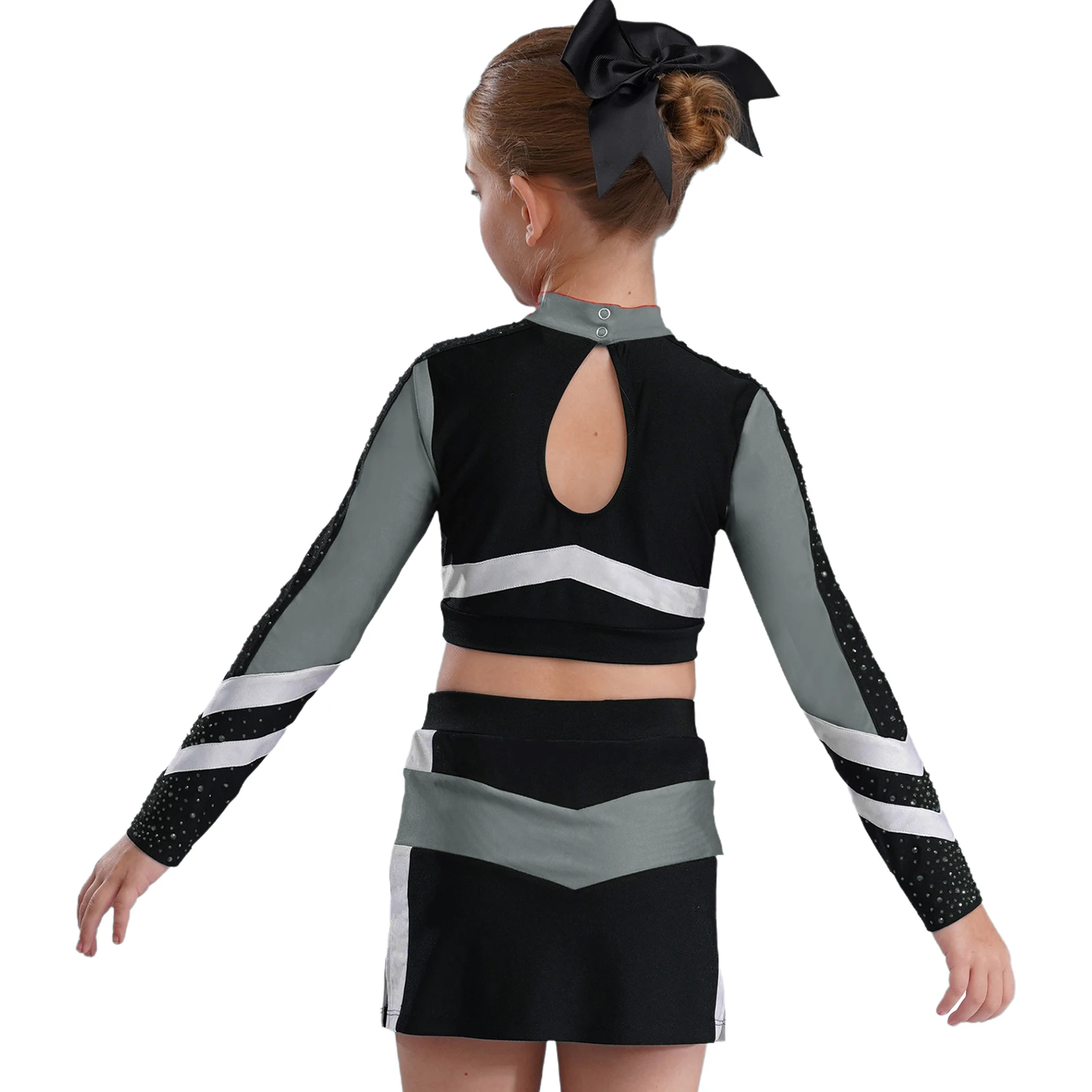 Cheerleader-Kostüm für Mädchen, Schul-Cheerleading-Outfit, Stehkragen, lange Ärmel, glänzende Strass-Crop-Tops mit seitlich geschlitztem Rock – Detail 5