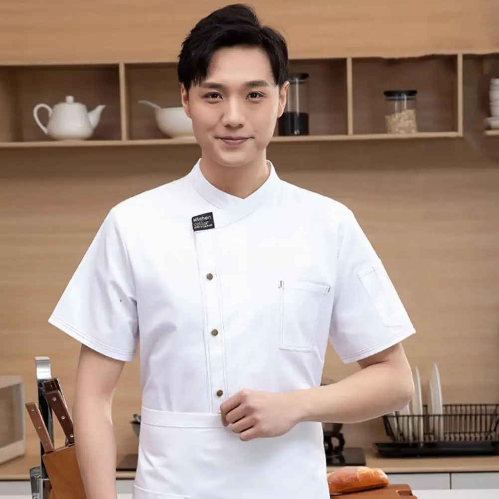 

Unisex Chef Coveralls Professional Unisex Chef Uniform with Stand Collar Patch Pocket for Restaurant Bakery Staff Short Sleeve