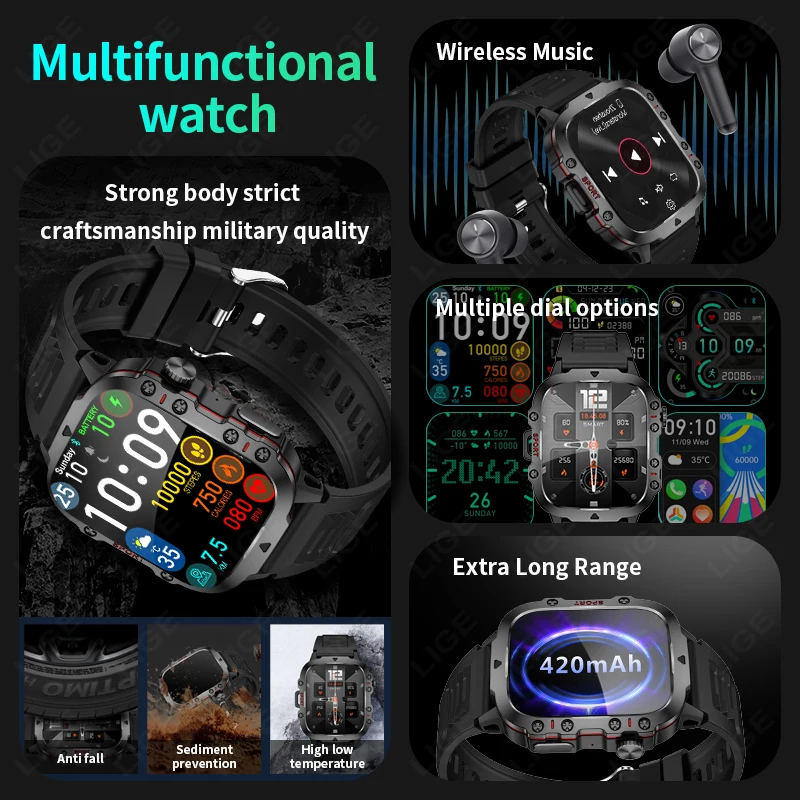 LIGE 2024 Smart Watches Men's Rugged Military Bluetooth Call IP68 Waterproof Sport Heart Rate Outdoor Smartwatch for Android IOS