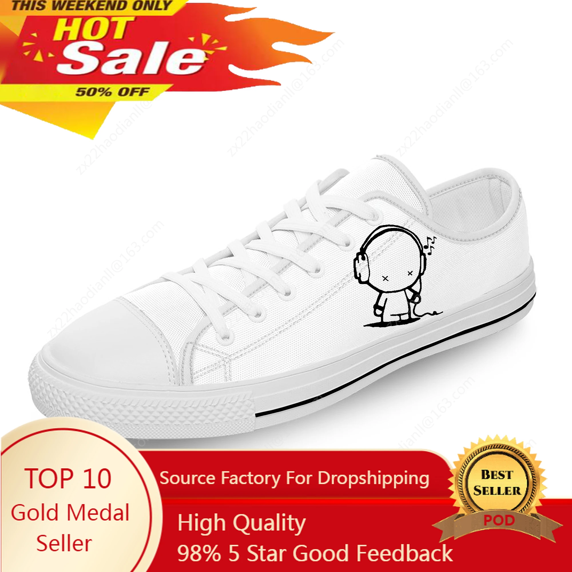 

Headset Cartoon Music Rock Cool White Cloth Fashion 3D Print Low Top Canvas Shoes Men Women Lightweight Breathable Sneakers