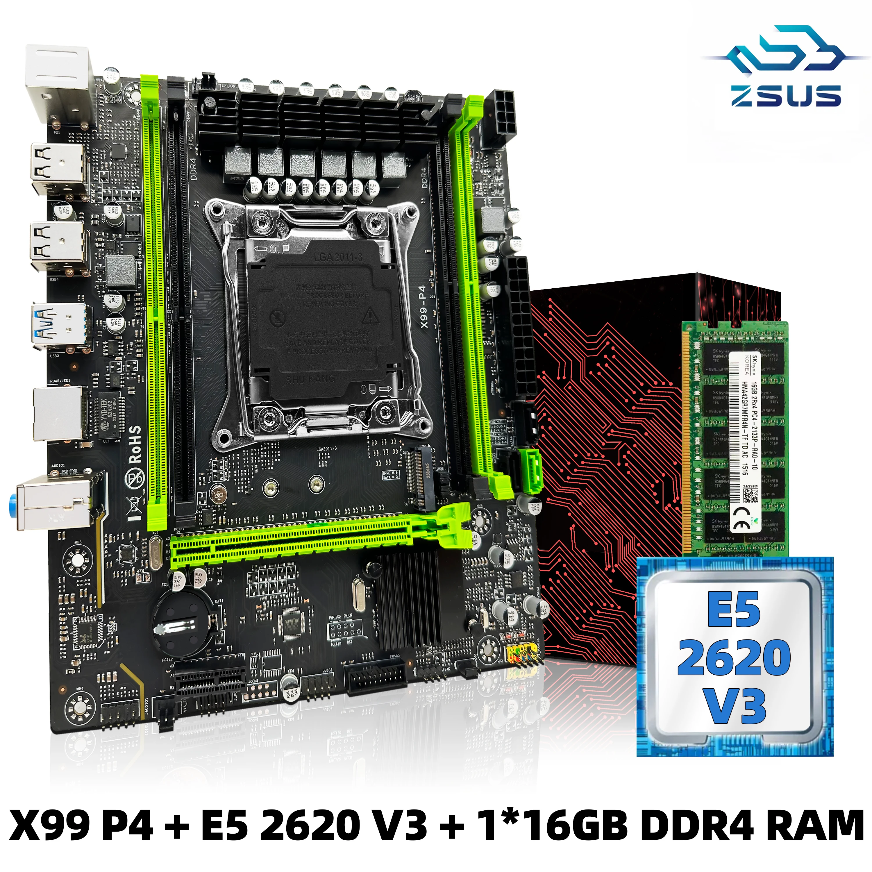 ZSUS X99 P4 Motherboard Set Kit With Intel LGA2011 3 Xeon E5 2620 V3 CPU DDR4 16GB 1*16GB 2133MHZ RAM Memory NVME M.2 SATA