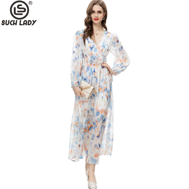 

Women's Runway Dresses V Neck Long Sleeves Appliques Printed High Street Designer A Line Vestidos