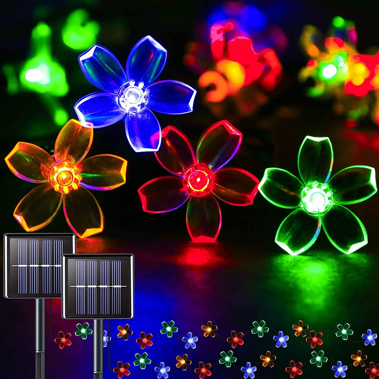 Solar Peach Flower String Light Outdoor Waterproof 60 LED Fairy Lamp Decoration for Garden Fence Yard Christmas Home Party Decor